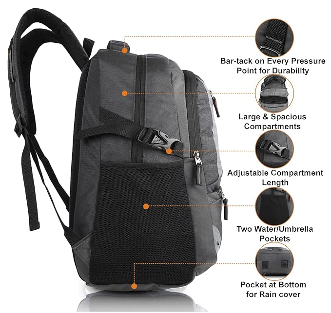 HERMOSA INDIA Large 35 L Backpack Spacy Unisex/College/School/Travel Backpack with Rain Cover and Reflective Strip (GRAY) - Image 4