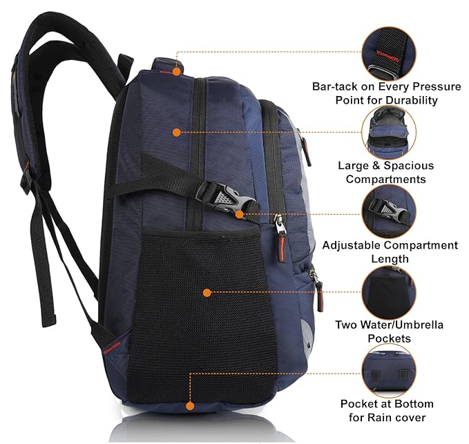 HERMOSA INDIA Large 35 L Backpack Spacy Unisex/College/School/Travel Backpack with Rain Cover and Reflective Strip (NAVY BLUE) - Image 4