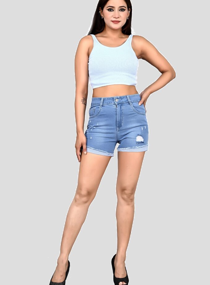 HERMOSA INDIA  Women's Relaxed Fit Mid Rise Highly Distressed Regular-Length Denim Shorts
