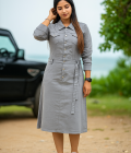 Modern Grey Collared Midi Dress with Waist Tie – Perfect for Work & Casual
